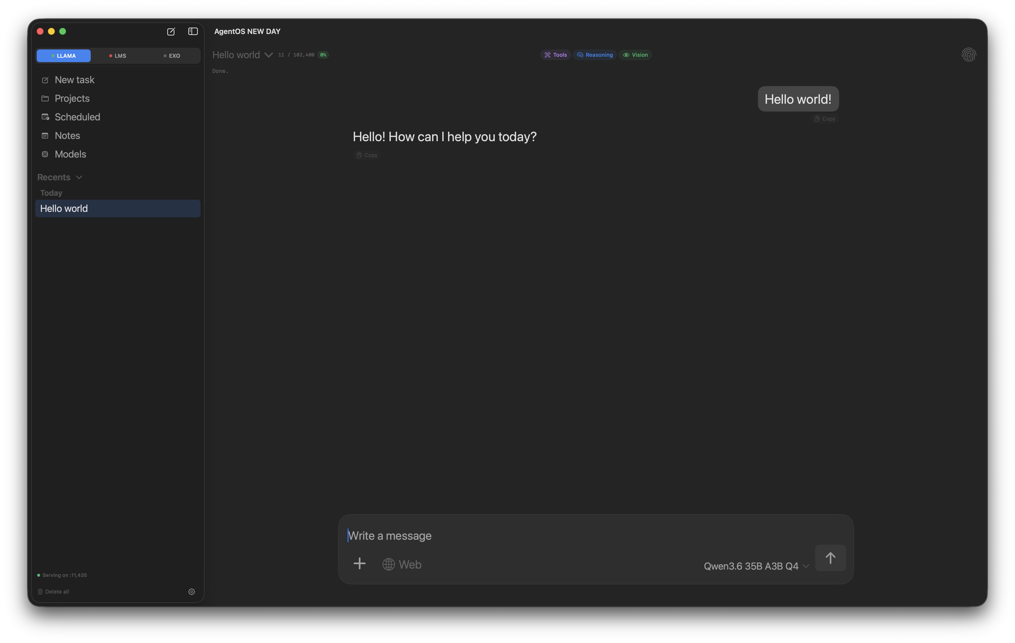 AgentOS chat window showing a streaming assistant response with sidebar and input bar
