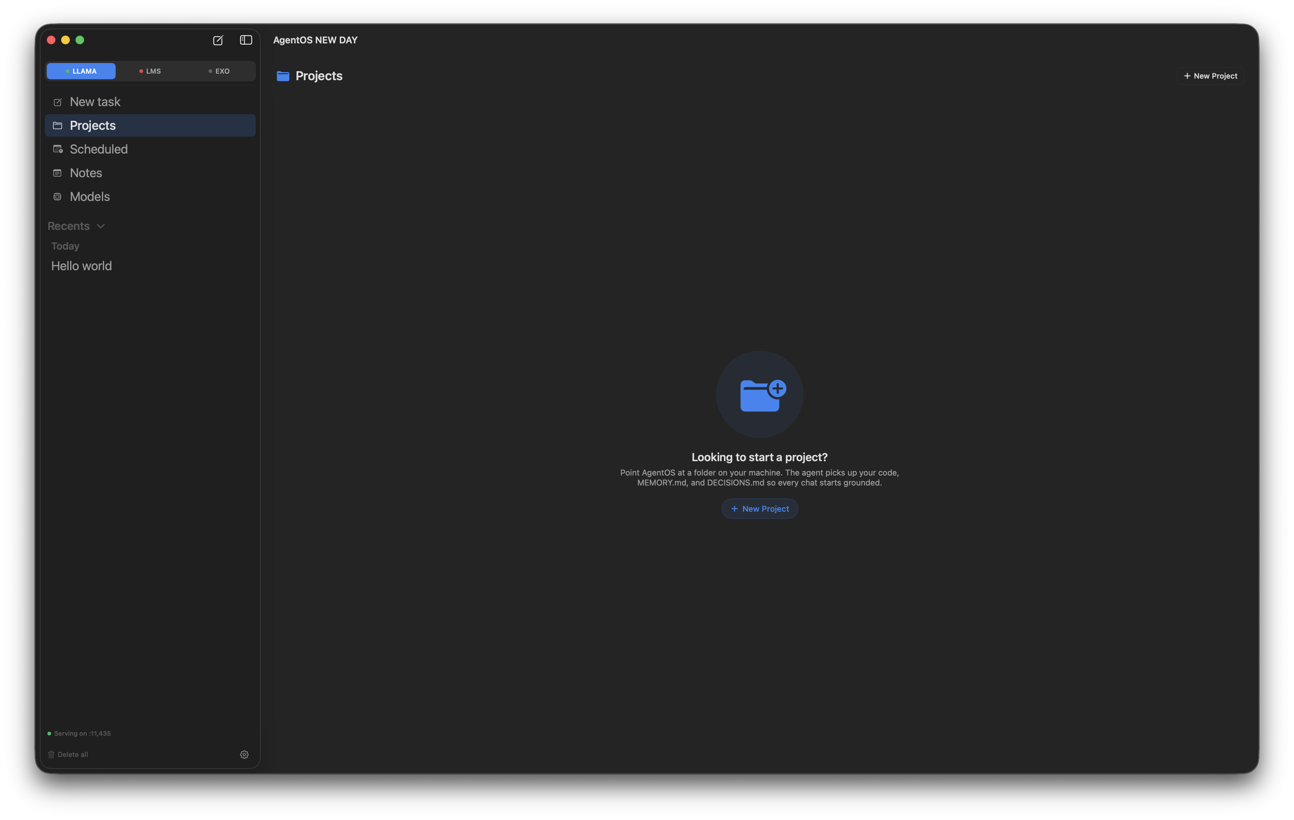 AgentOS Projects landing page with a centered folder icon and Start a project call-to-action