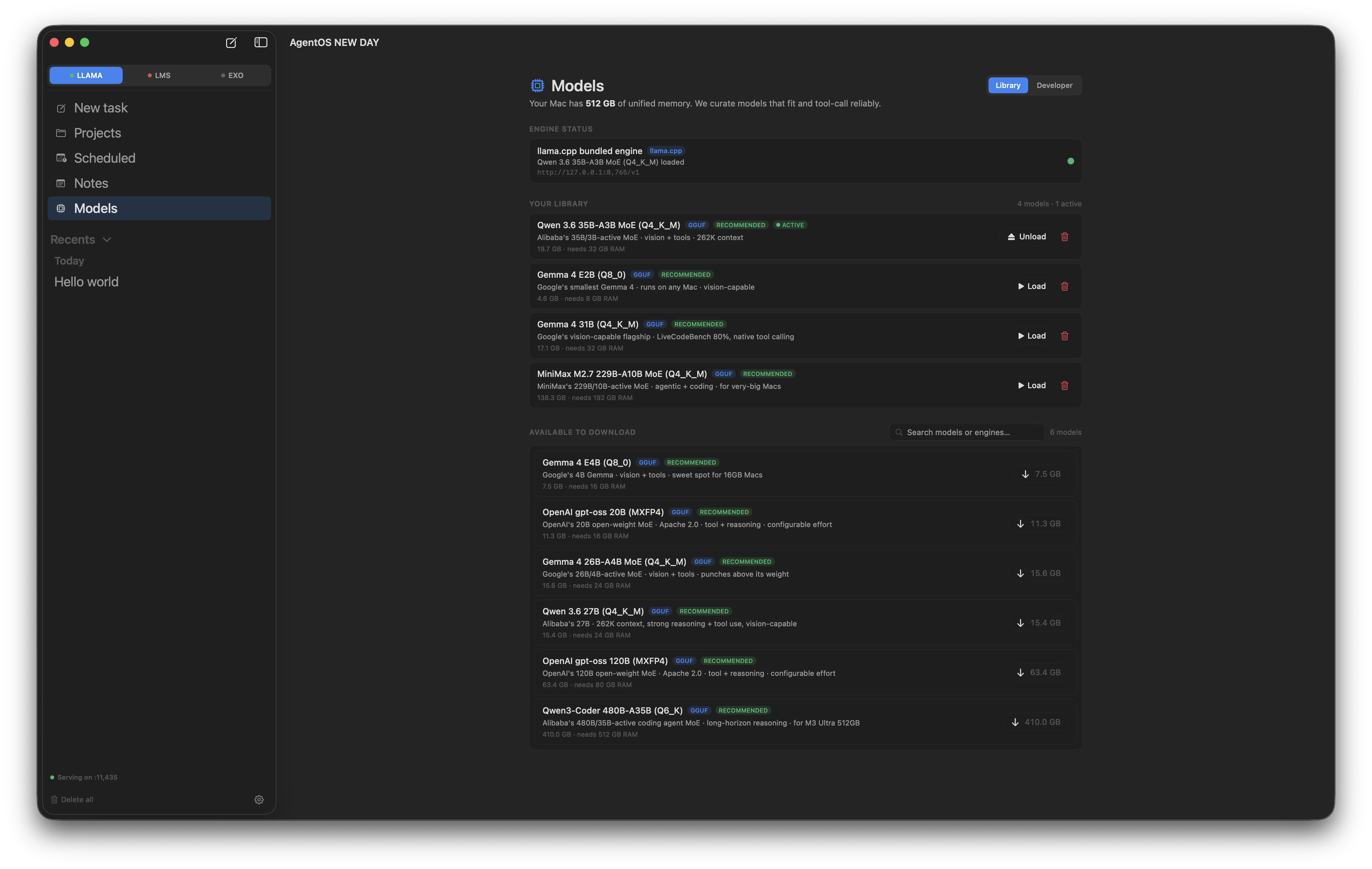 AgentOS Models pane showing the curated library and available downloads