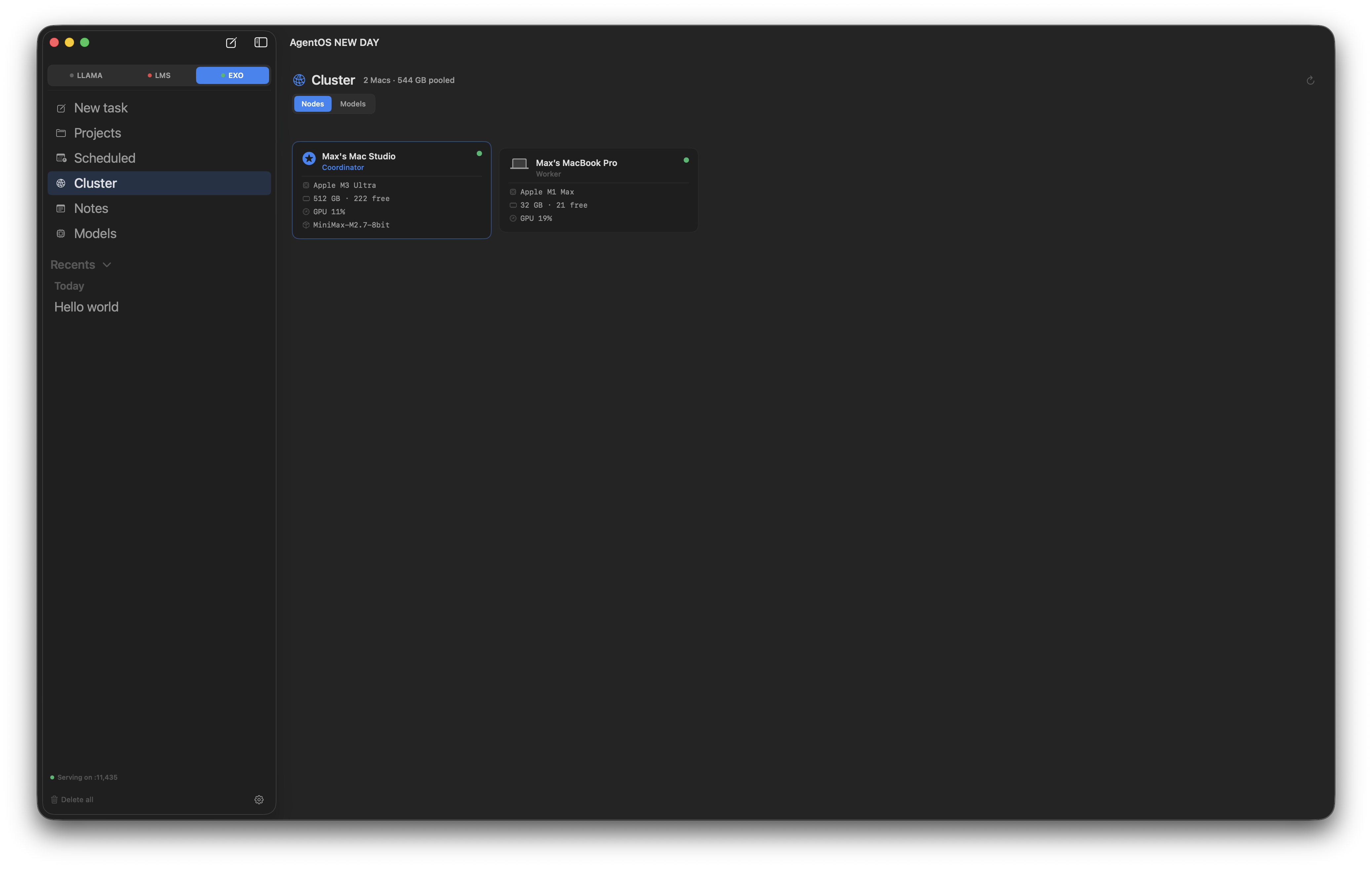 AgentOS Cluster pane with EXO active in the sidebar, header reading 2 Macs · 544 GB pooled, and two Mac node cards showing a Mac Studio coordinator and a MacBook Pro worker