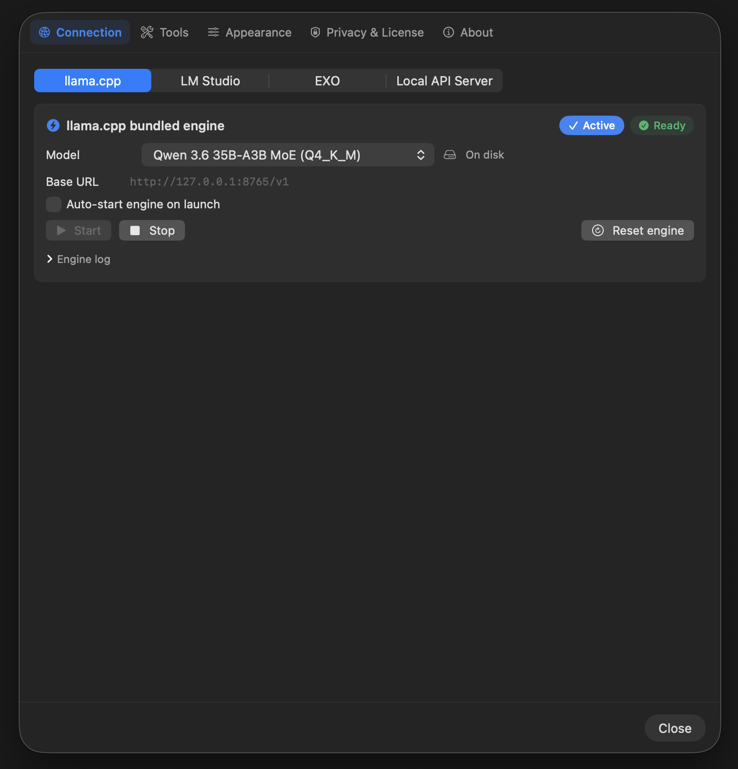 Connection settings showing the llama.cpp tab with Qwen 3.6 35B-A3B MoE active and ready
